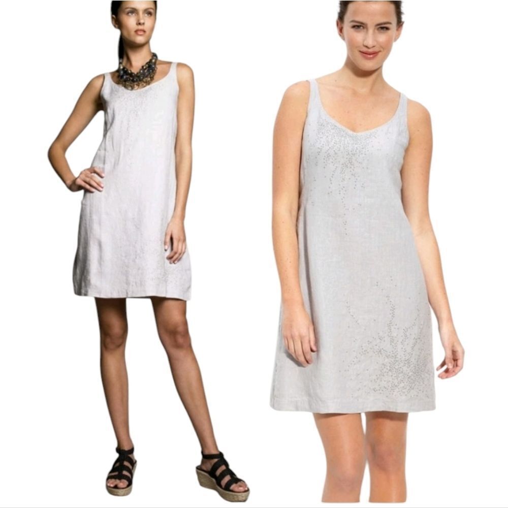 Eileen Fisher Handkerchief Linen Sequin Silver Grey Sleeveless Tank Dress 10